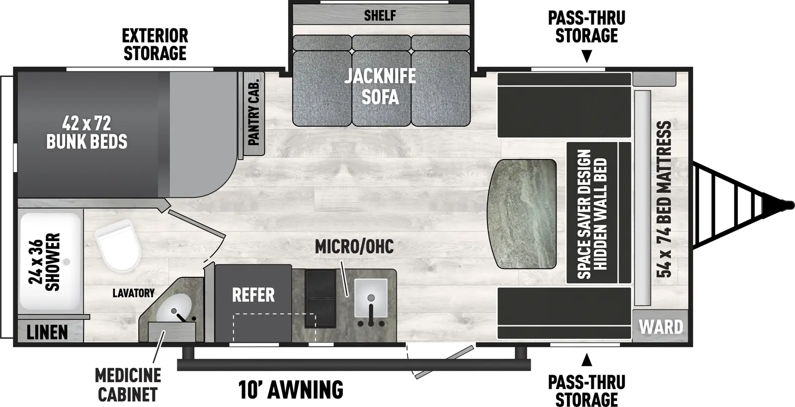 The 18DBS has one slideout and one entry. Exterior features front pass-through storage, and 10 foot awning. Interior layout front to back: space saver design hidden wall bed; off-door side jacknife sofa slideout with shelf; door side entry, kitchen counter with sink and cooktop, microwave and overhead cabinet, and refrigerator; pantry cabinet along inner wall of rear off-door side bunk beds; rear door side full bathroom with medicine cabinet and linen closet.